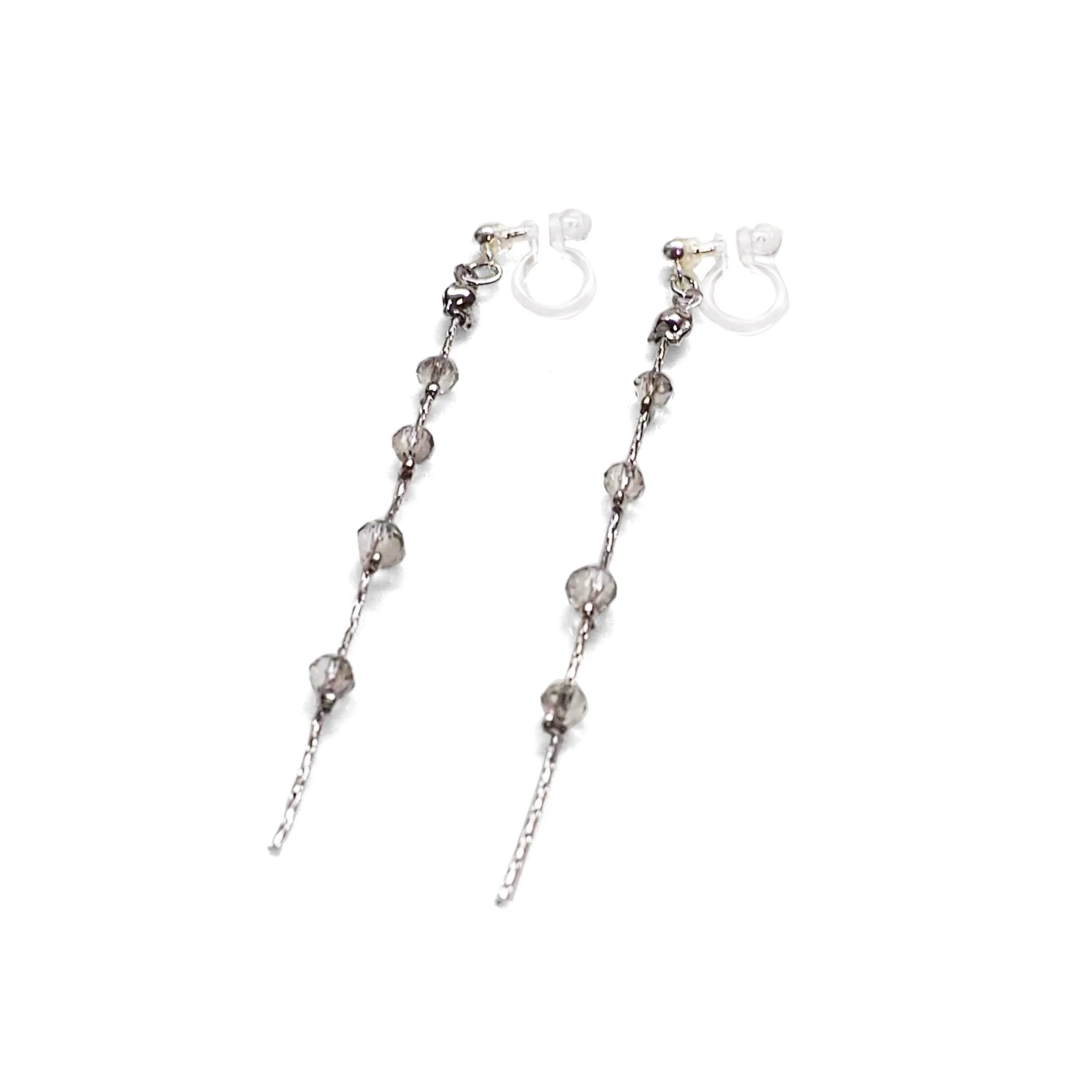 Dangle silver chain & gray crystal invisible clip on earrings