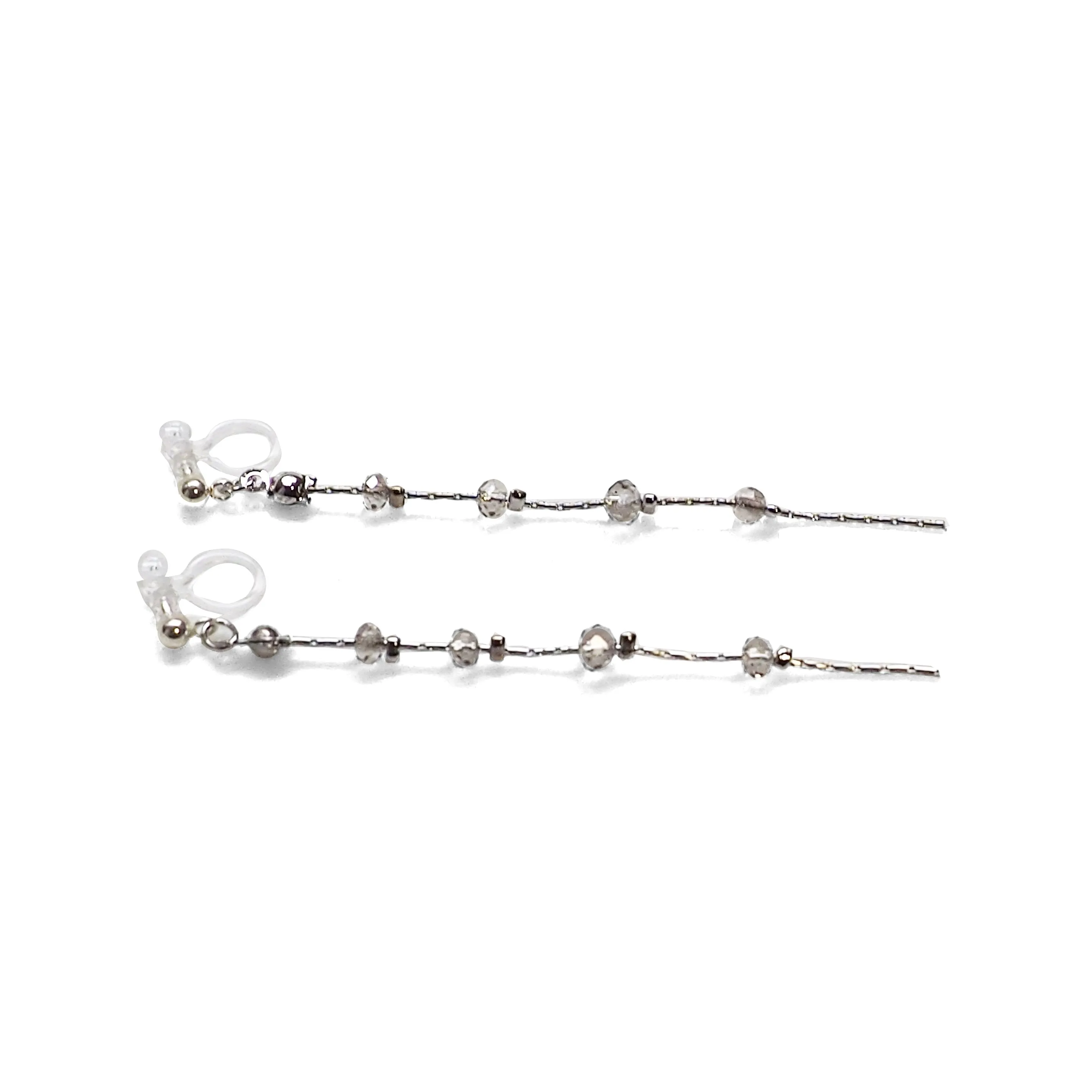 Dangle silver chain & gray crystal invisible clip on earrings