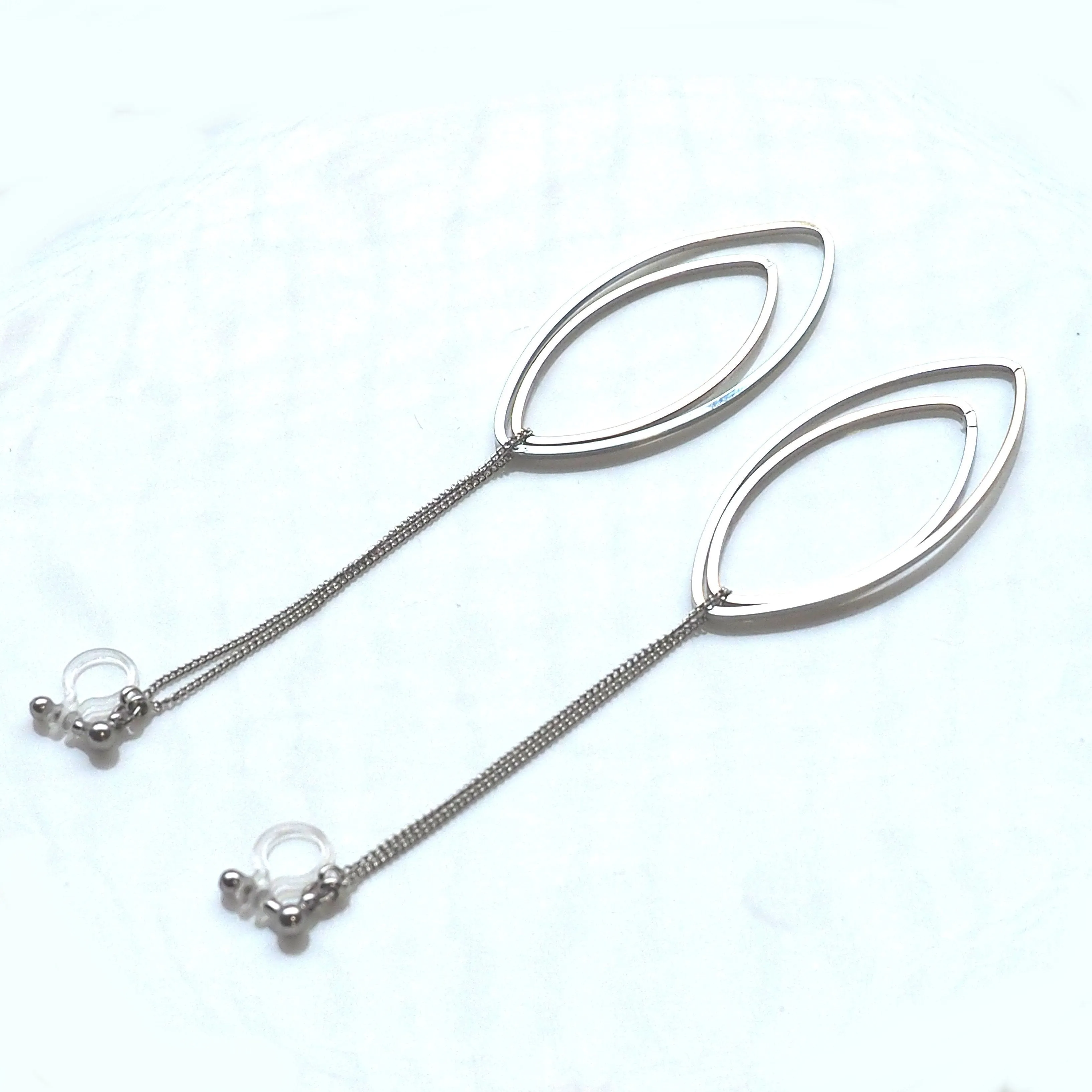 Dangle silver double oval hoop invisible clip on earrings