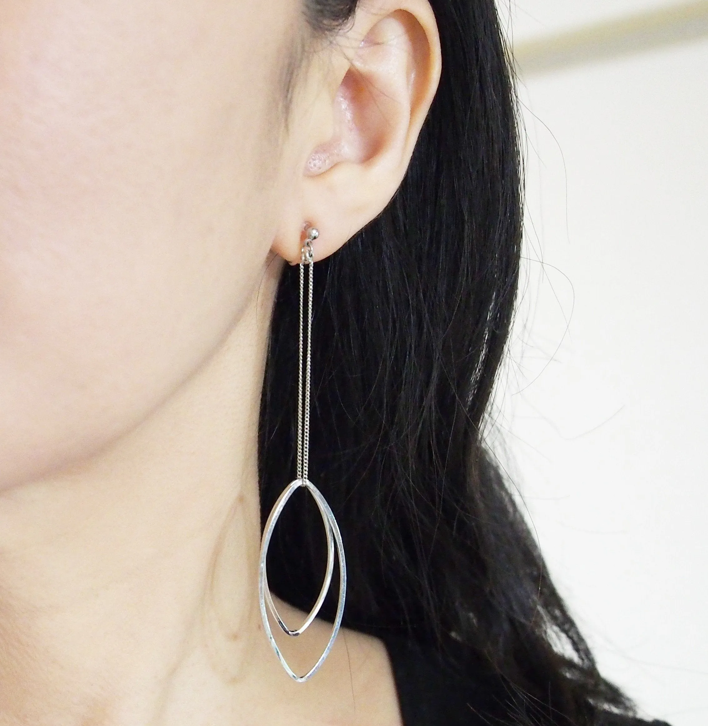 Dangle silver double oval hoop invisible clip on earrings