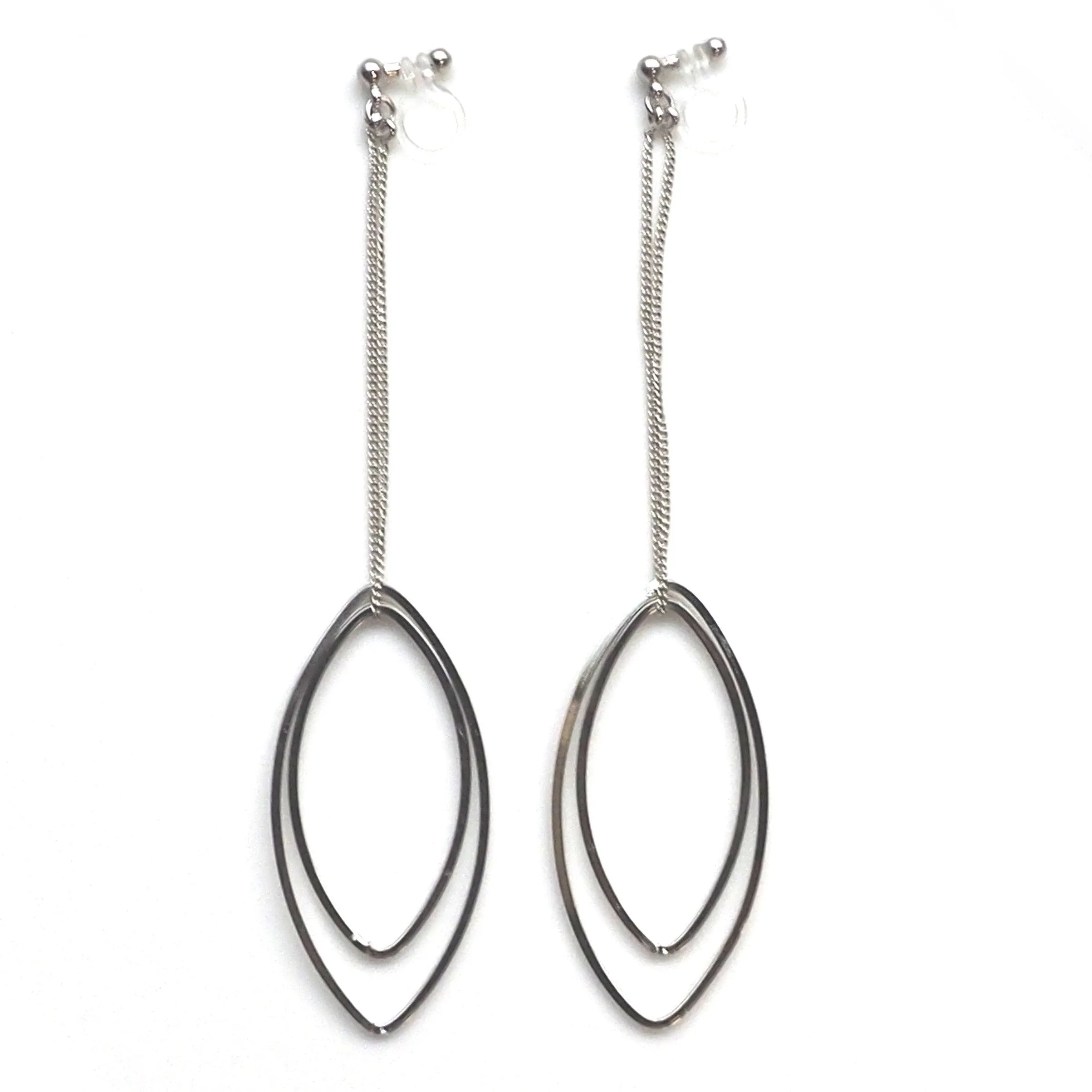 Dangle silver double oval hoop invisible clip on earrings