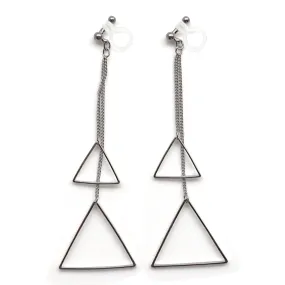 Dangle silver double triangle invisible clip on earrings