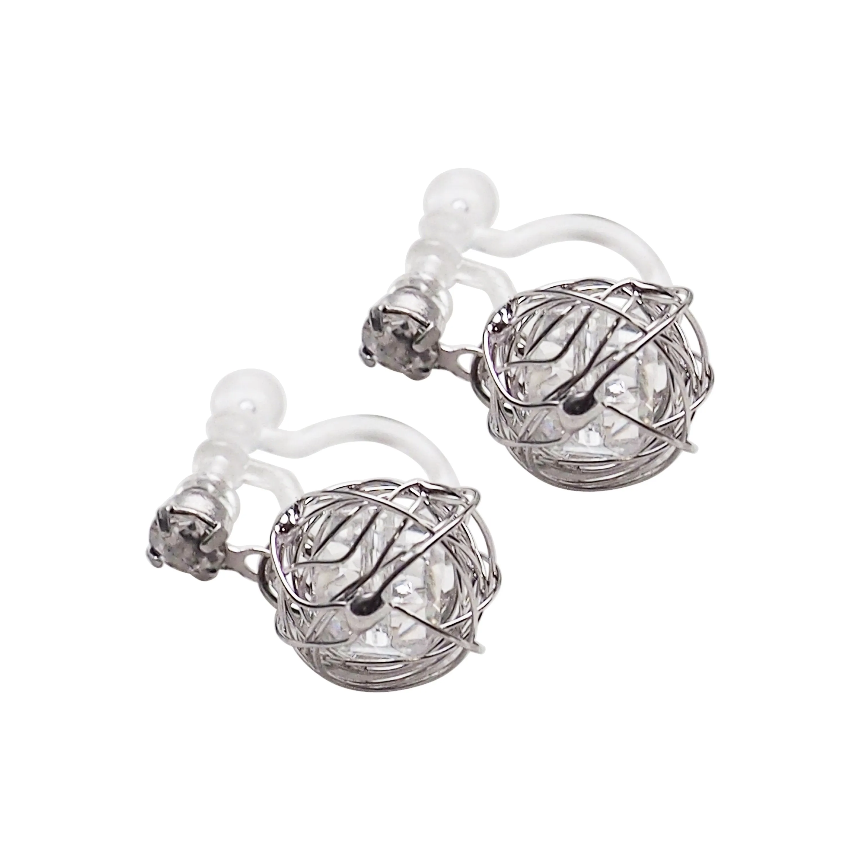 Dangle Silver Mesh Ball with Cubic Zirconia Crystal Invisible Clip On Earrings