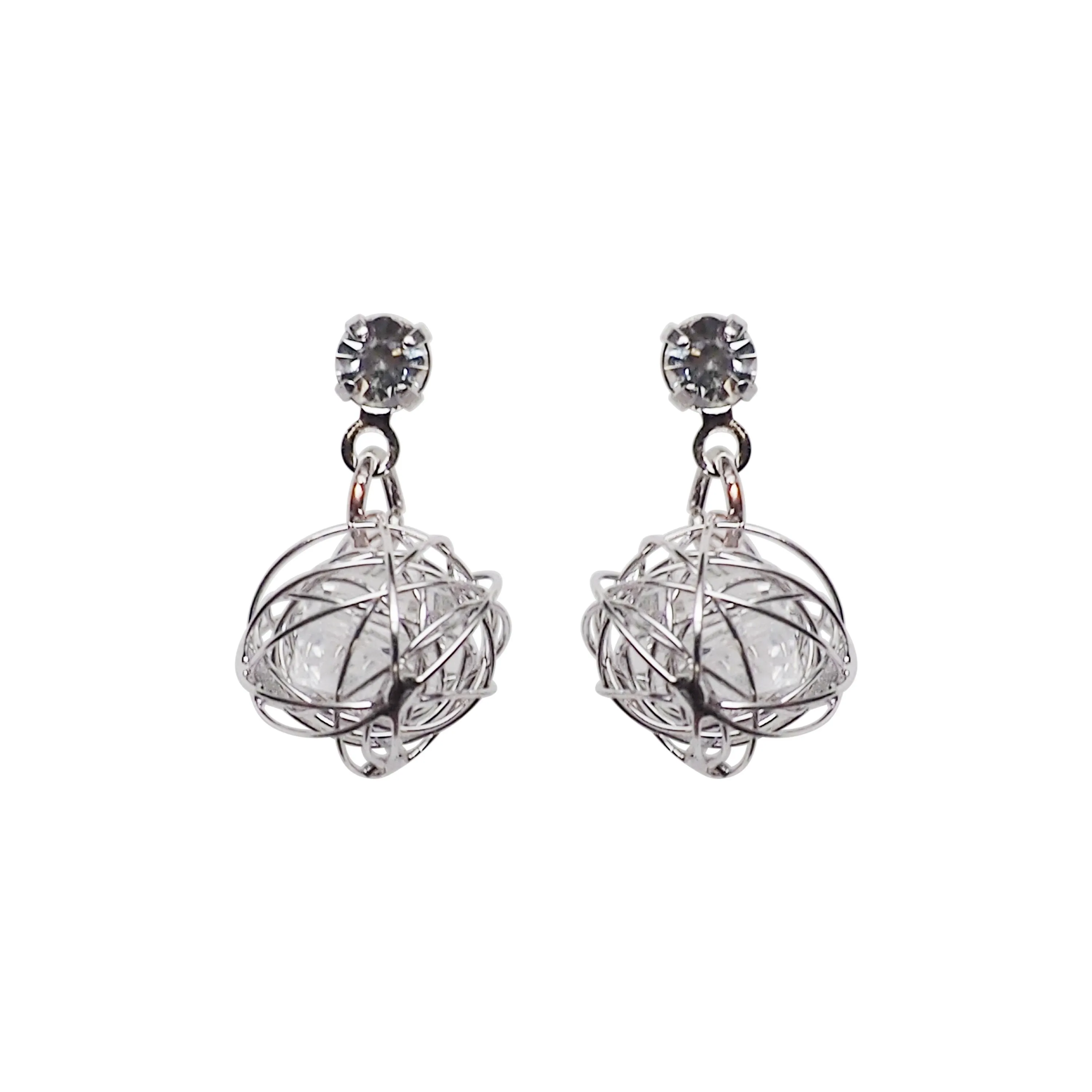 Dangle Silver Mesh Ball with Cubic Zirconia Crystal Invisible Clip On Earrings