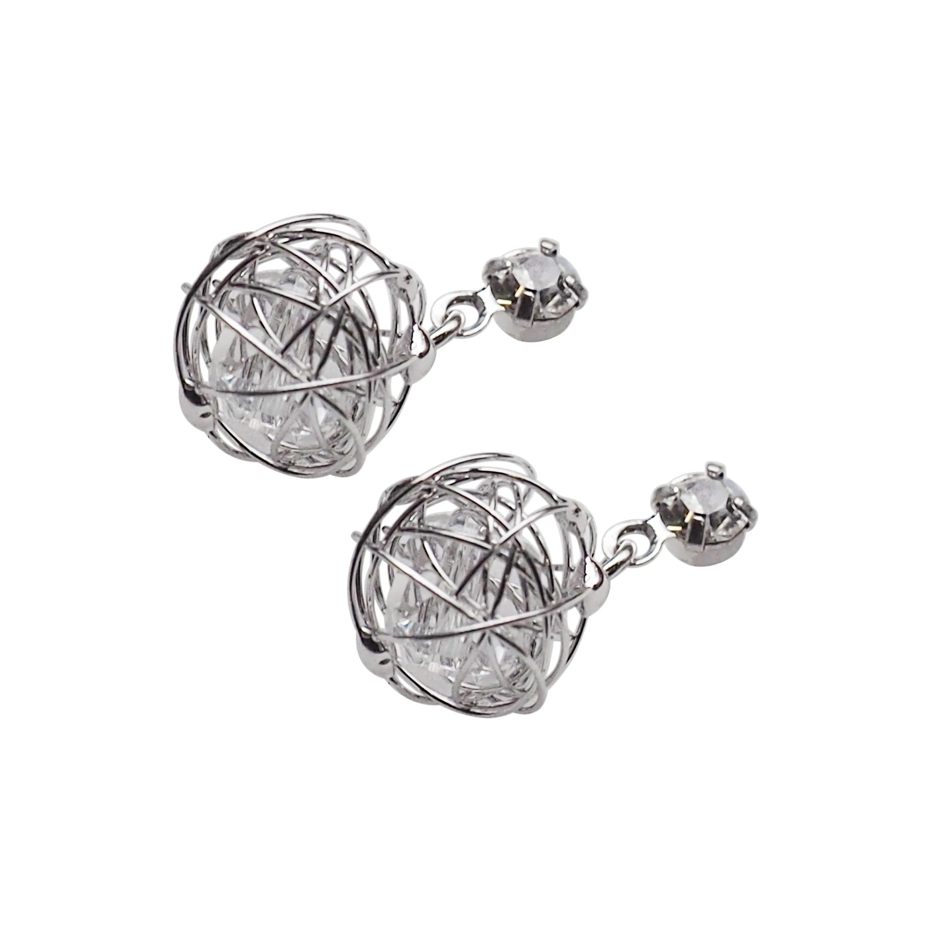 Dangle Silver Mesh Ball with Cubic Zirconia Crystal Invisible Clip On Earrings