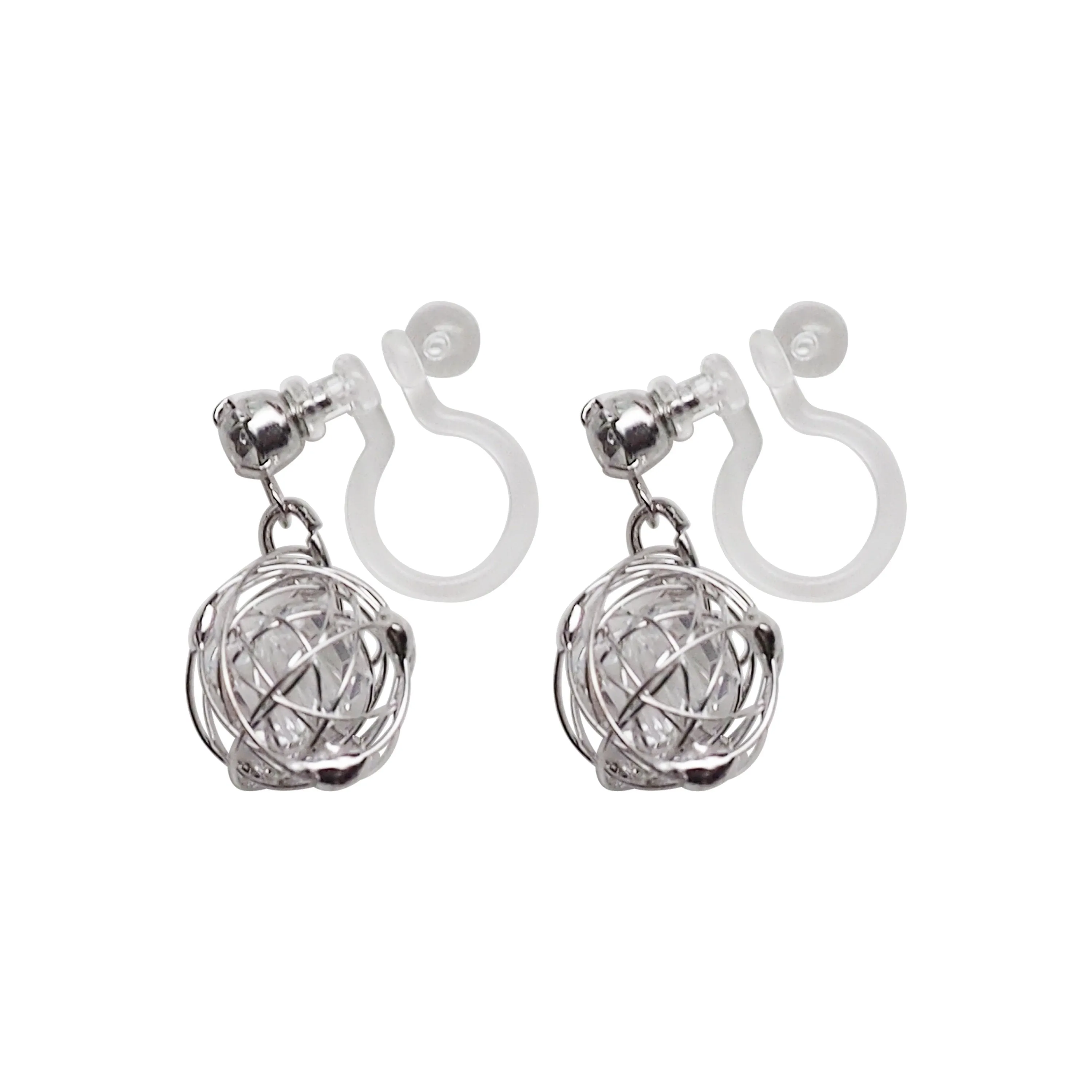 Dangle Silver Mesh Ball with Cubic Zirconia Crystal Invisible Clip On Earrings