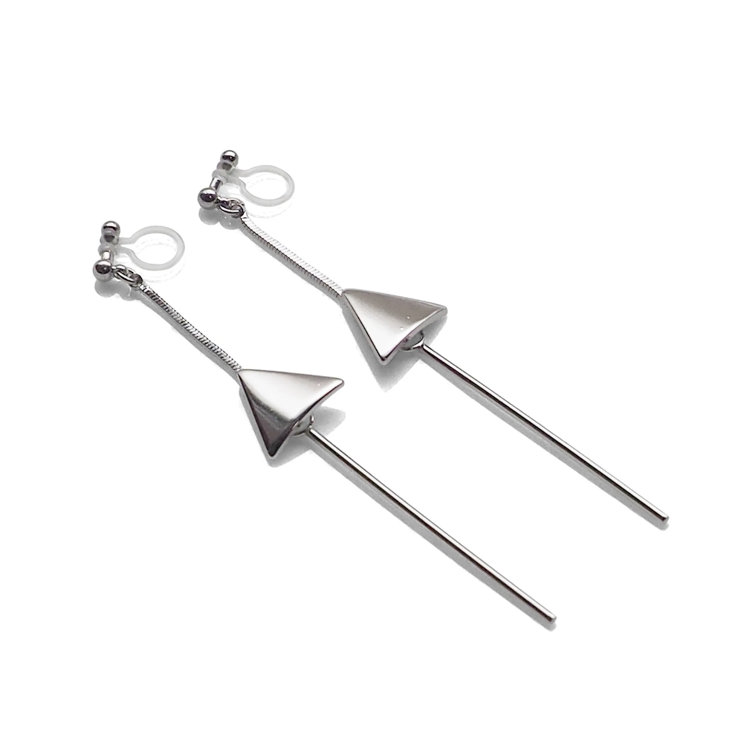 Dangle silver threader with triangle charm invisible clip on earrings