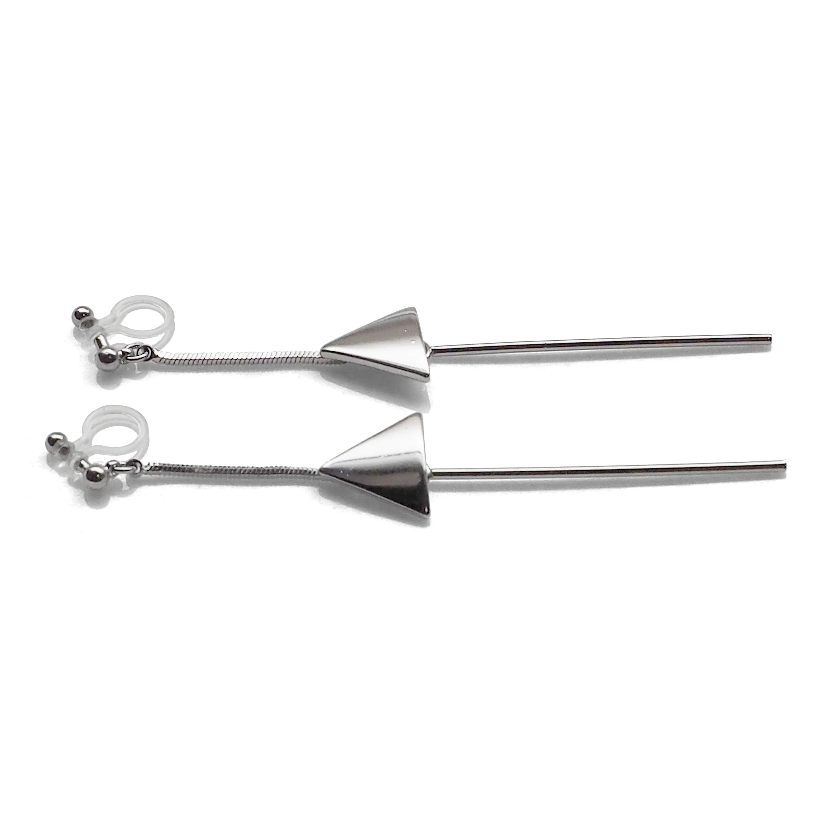 Dangle silver threader with triangle charm invisible clip on earrings