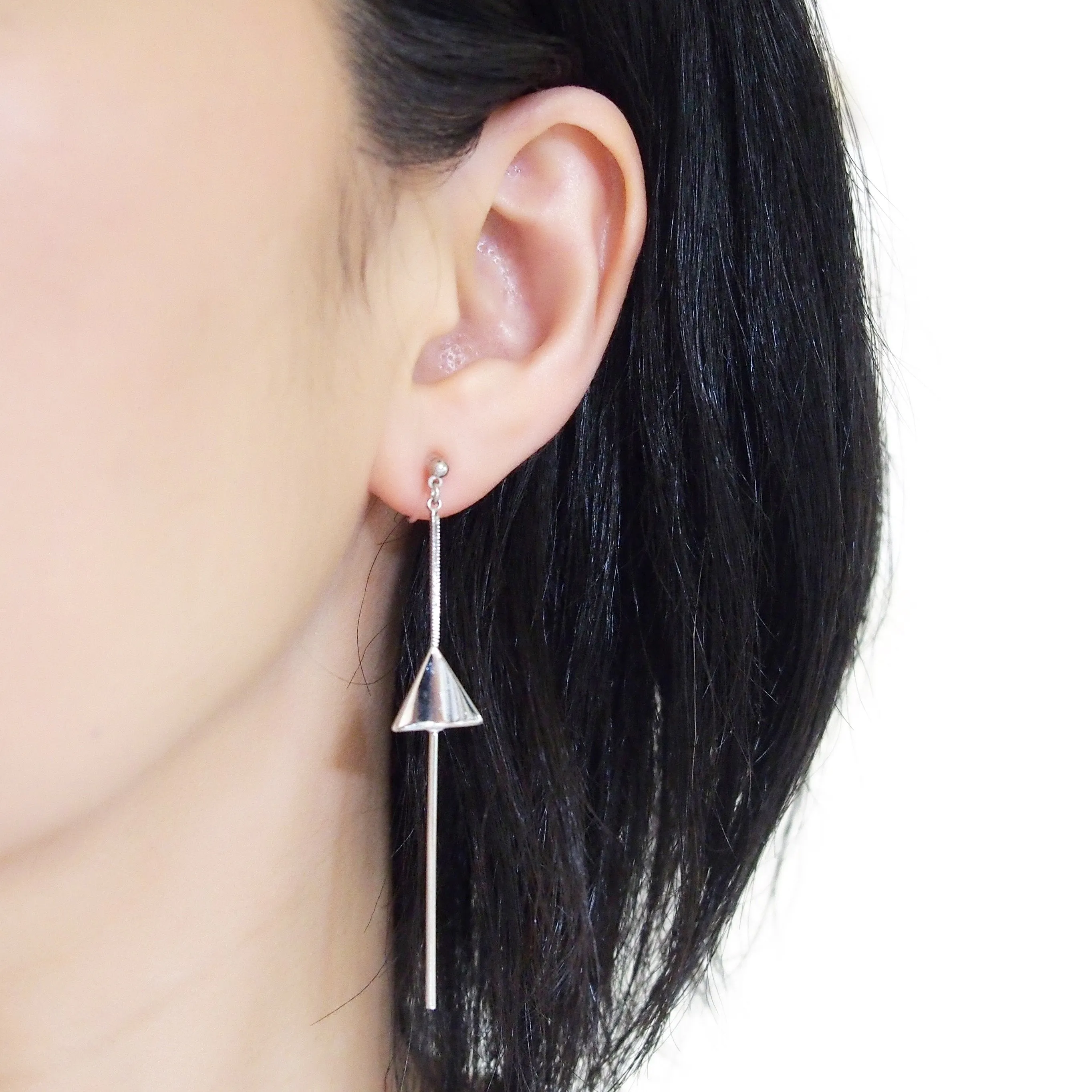 Dangle silver threader with triangle charm invisible clip on earrings