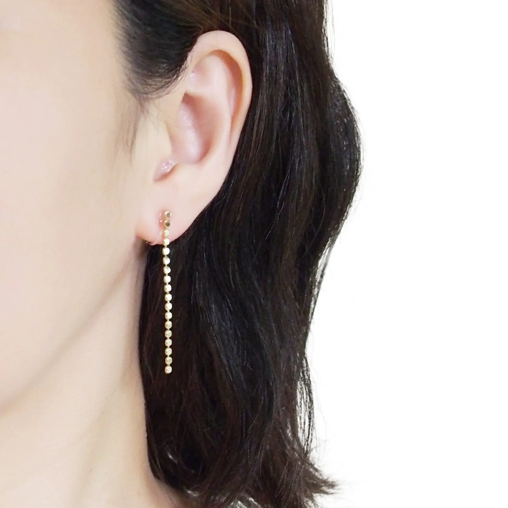 Dangle Small Dot Chain Invisible clip on stud earrings ( Gold tone )