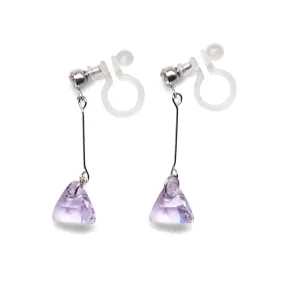 Dangle Violet Light Purple Triangle Swarovski Crystal Invisible Clip On Earrings (Silver tone)