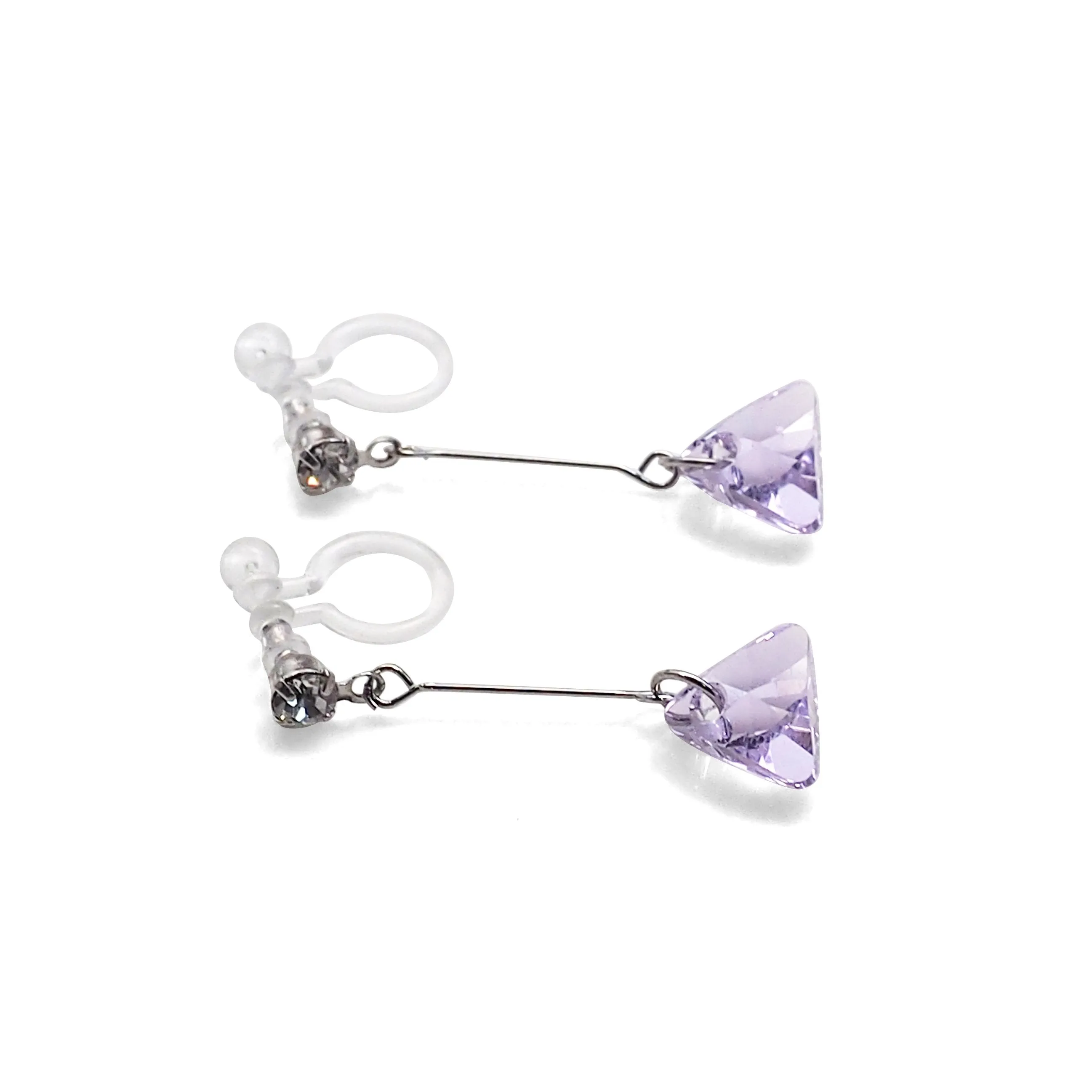 Dangle Violet Light Purple Triangle Swarovski Crystal Invisible Clip On Earrings (Silver tone)