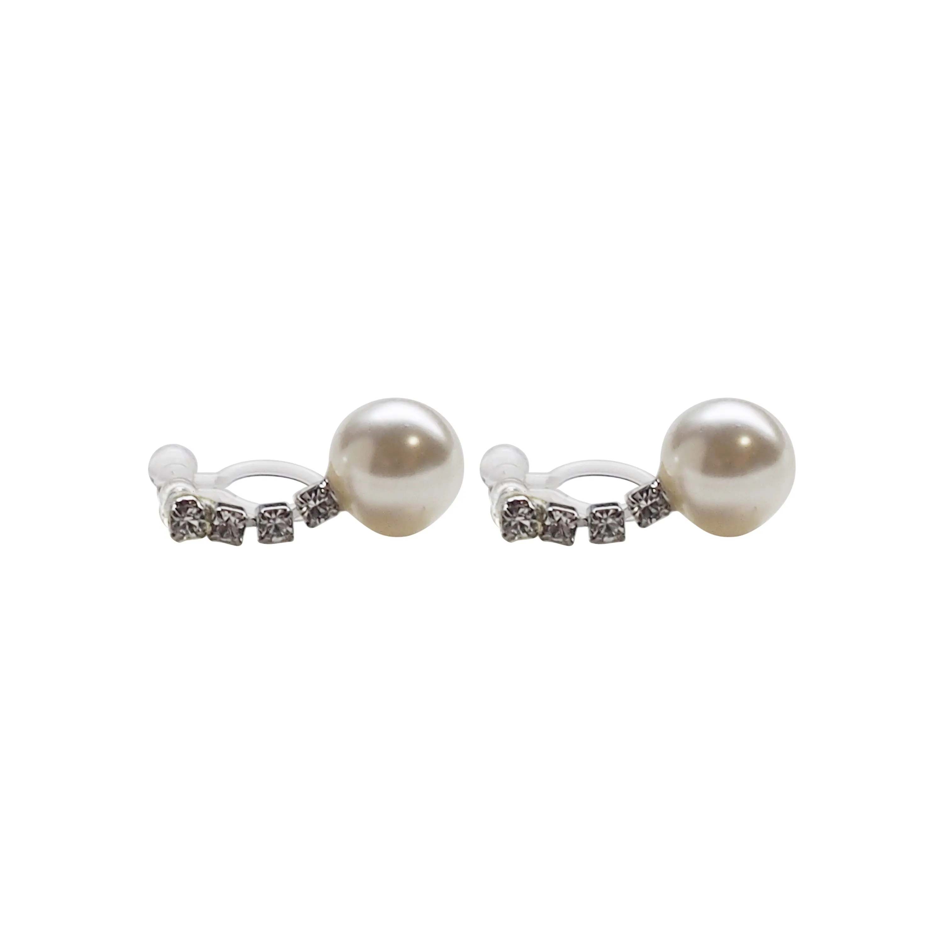 Dangle White Pearl & Crystal Invisible Clip On Earrings (Silver tone)