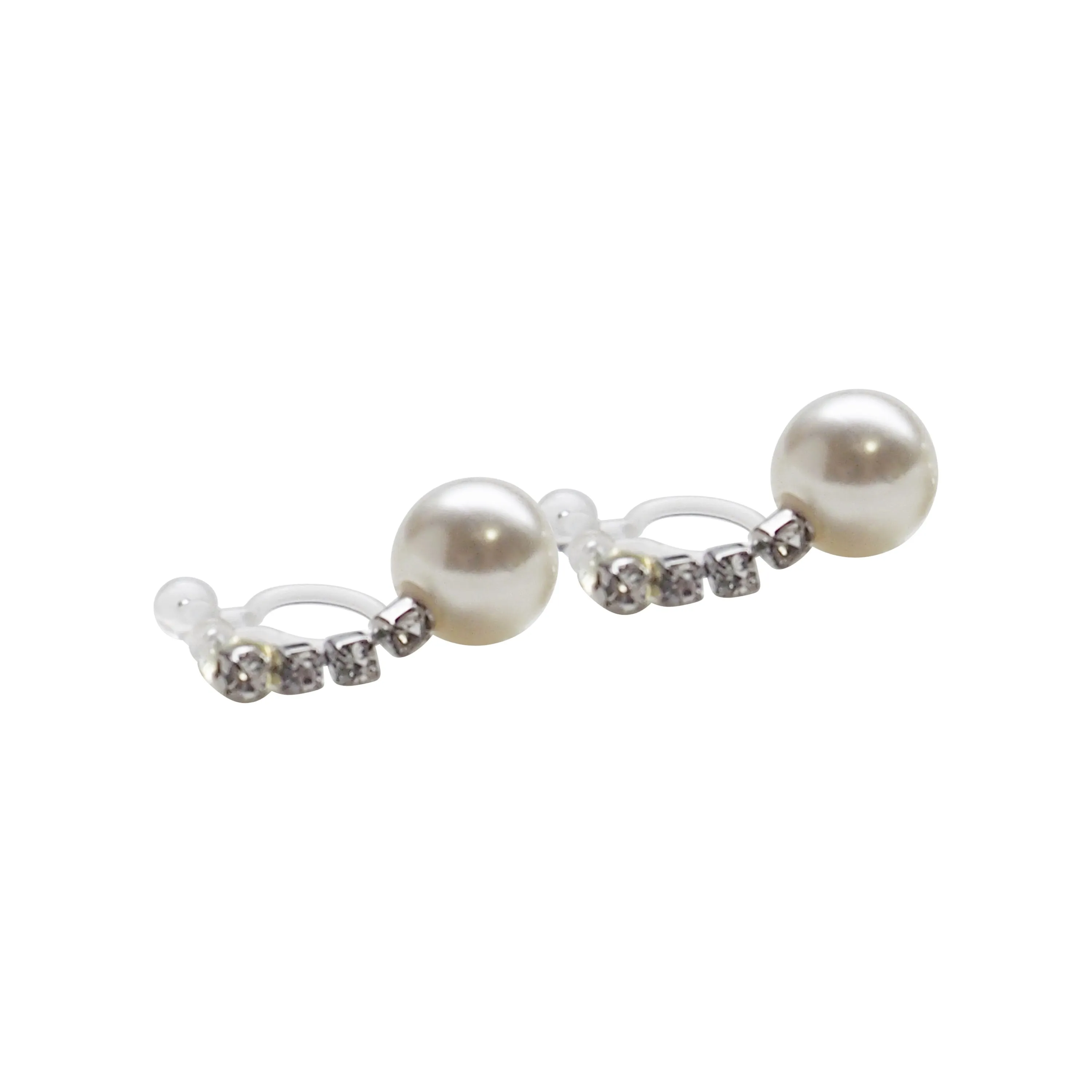 Dangle White Pearl & Crystal Invisible Clip On Earrings (Silver tone)