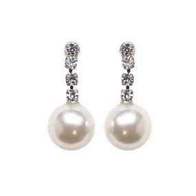 Dangle White Pearl & Crystal Invisible Clip On Earrings (Silver tone)