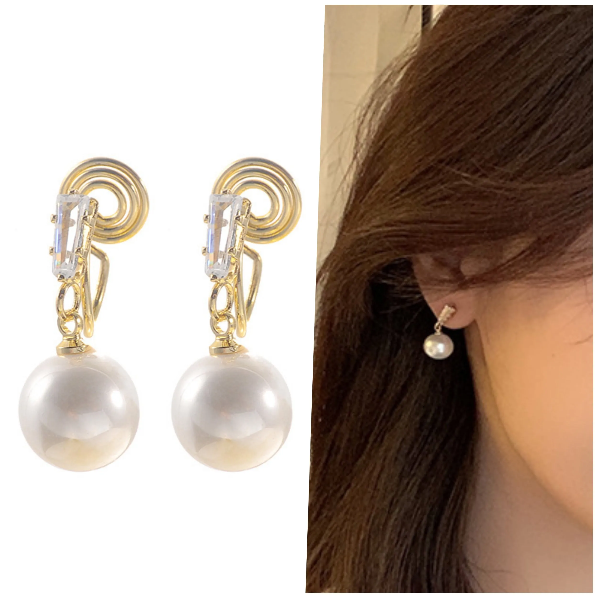 Dangle White Pearl with Crystal Rhinestone Spiral Clip On Earrings