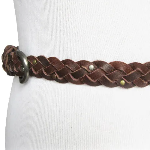 Dark Brown Skinny Braided Belt with Bronze, Silver and Brass Micro Studs