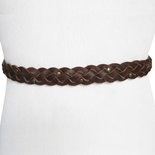 Dark Brown Skinny Braided Belt with Bronze, Silver and Brass Micro Studs