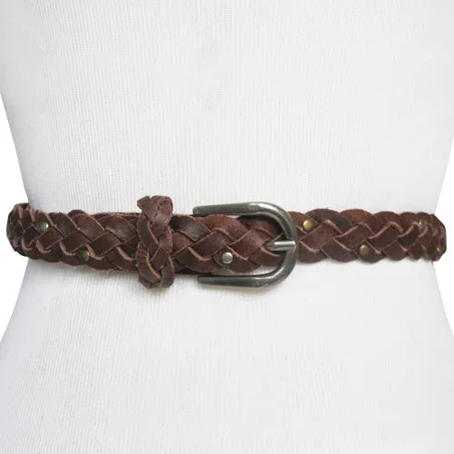 Dark Brown Skinny Braided Belt with Bronze, Silver and Brass Micro Studs