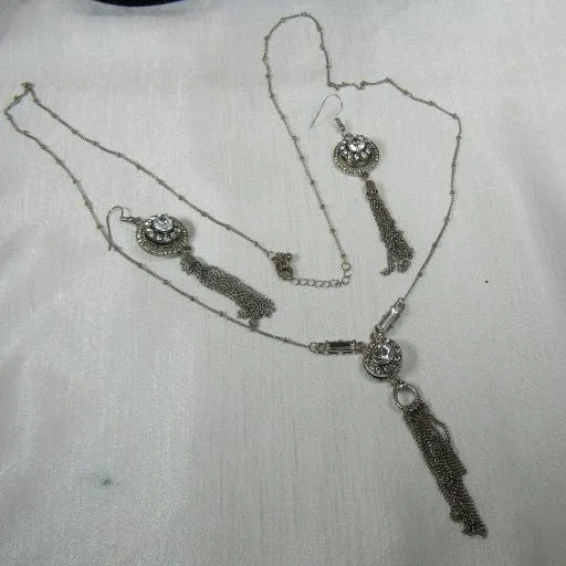 Extra Long Crystal Rhinestone & Silver Pendant Necklace & Earrings