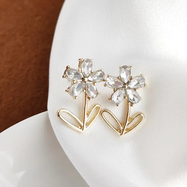 Flower Clear Crystal Rhinestone Invisible Clip On Stud Earrings