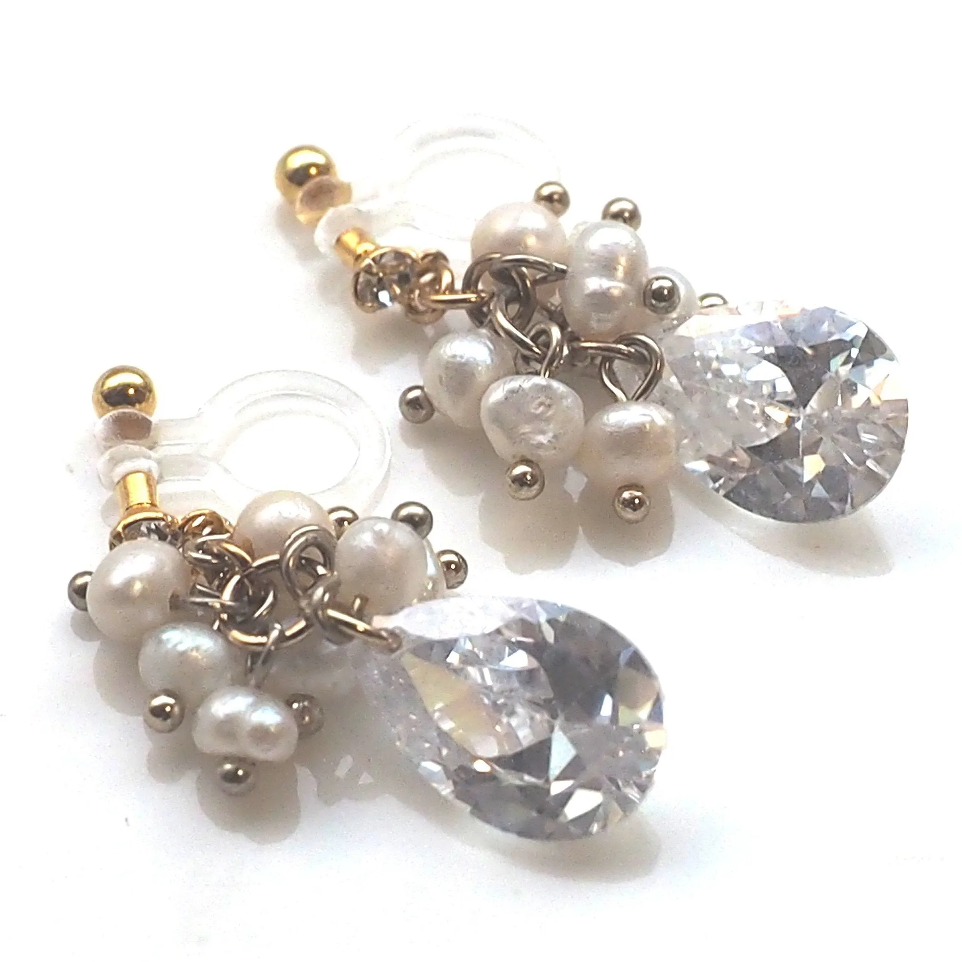 Freshwater pearl and cubic zirconia invisible clip on earrings