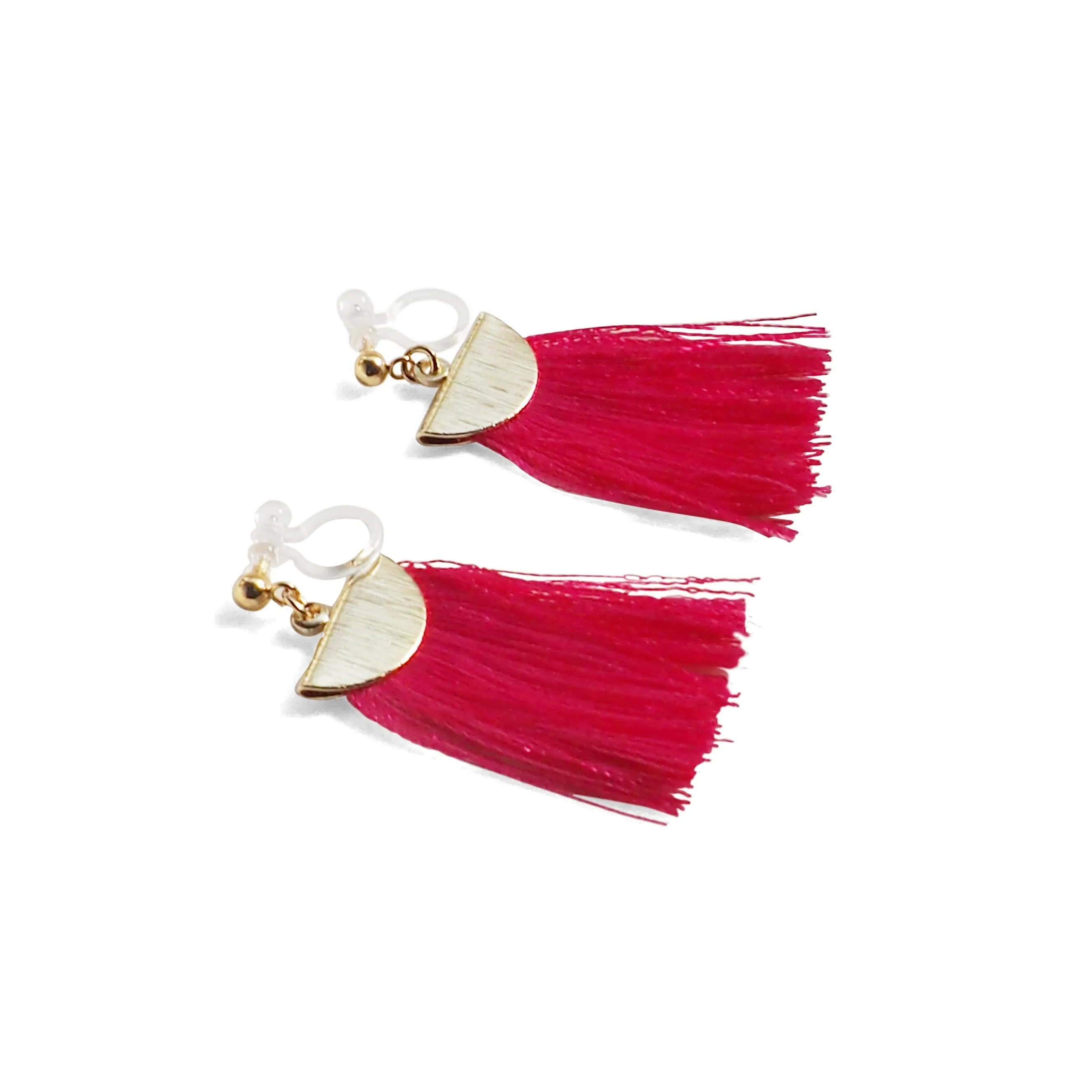 Fuchsia Pink flat tassel invisible clip on earrings