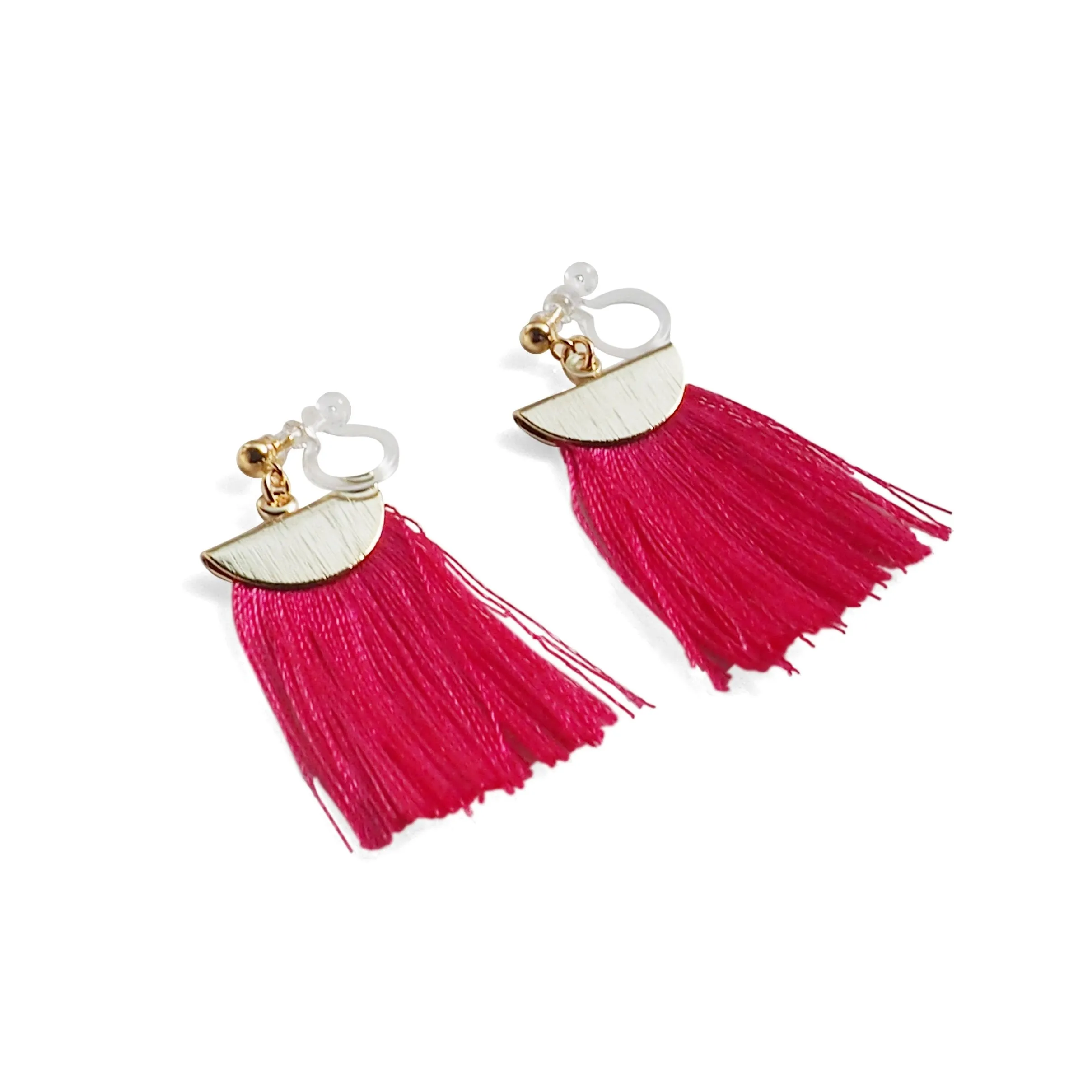 Fuchsia Pink flat tassel invisible clip on earrings