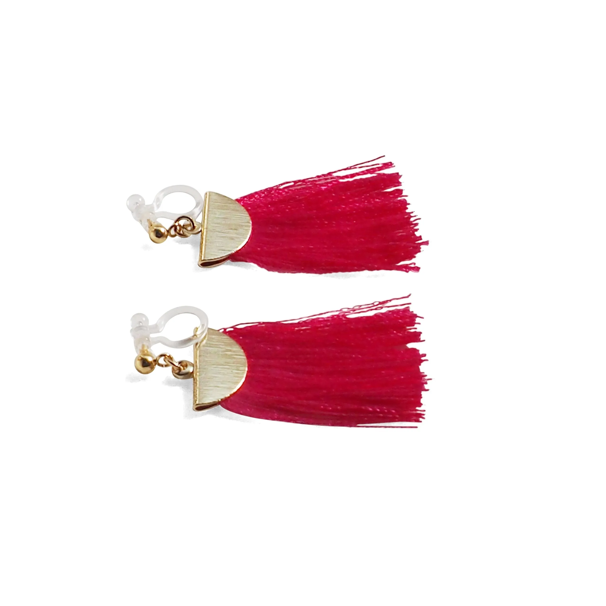 Fuchsia Pink flat tassel invisible clip on earrings