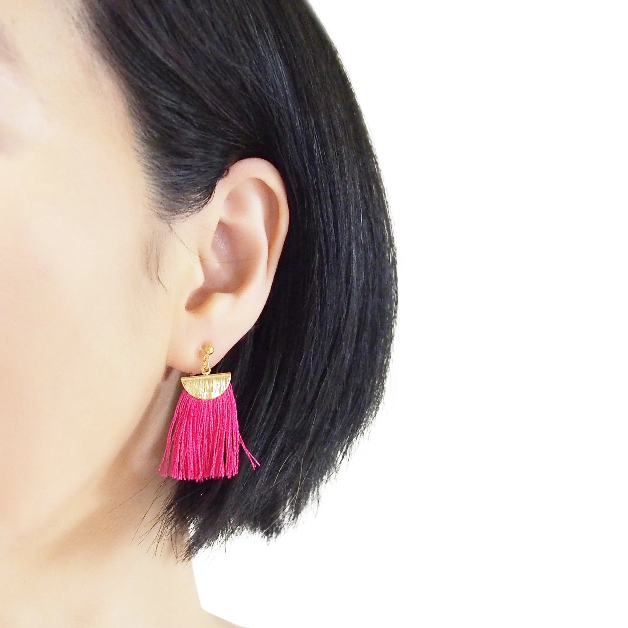 Fuchsia Pink flat tassel invisible clip on earrings