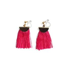 Fuchsia Pink flat tassel invisible clip on earrings