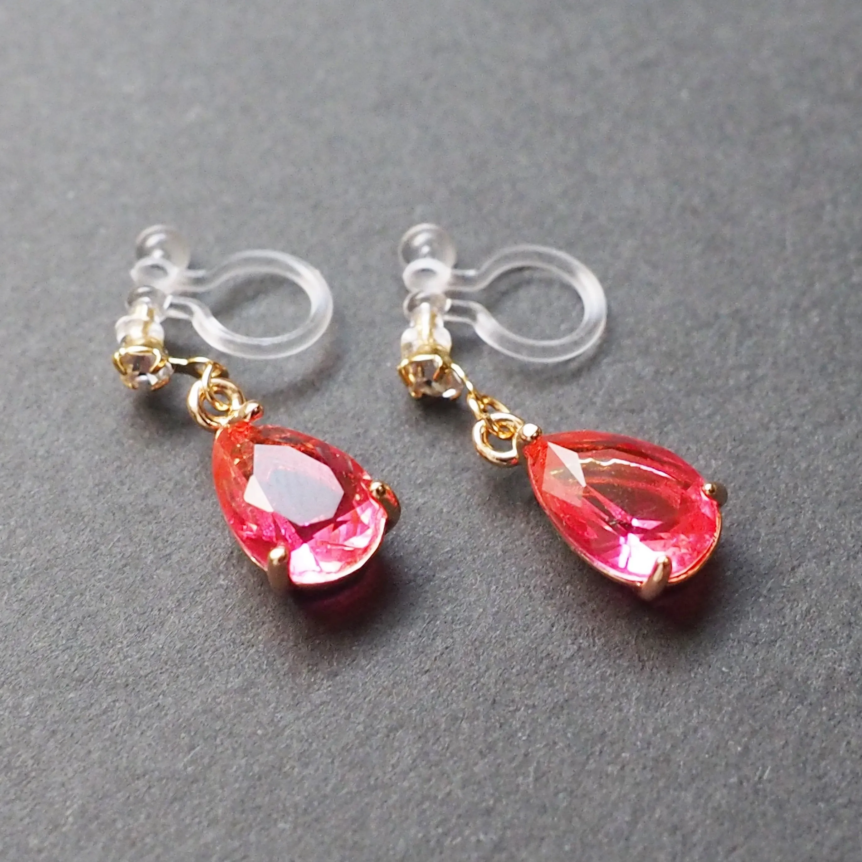 Fuschia Pink Teardrop Crystal Invisible Clip On Earrings