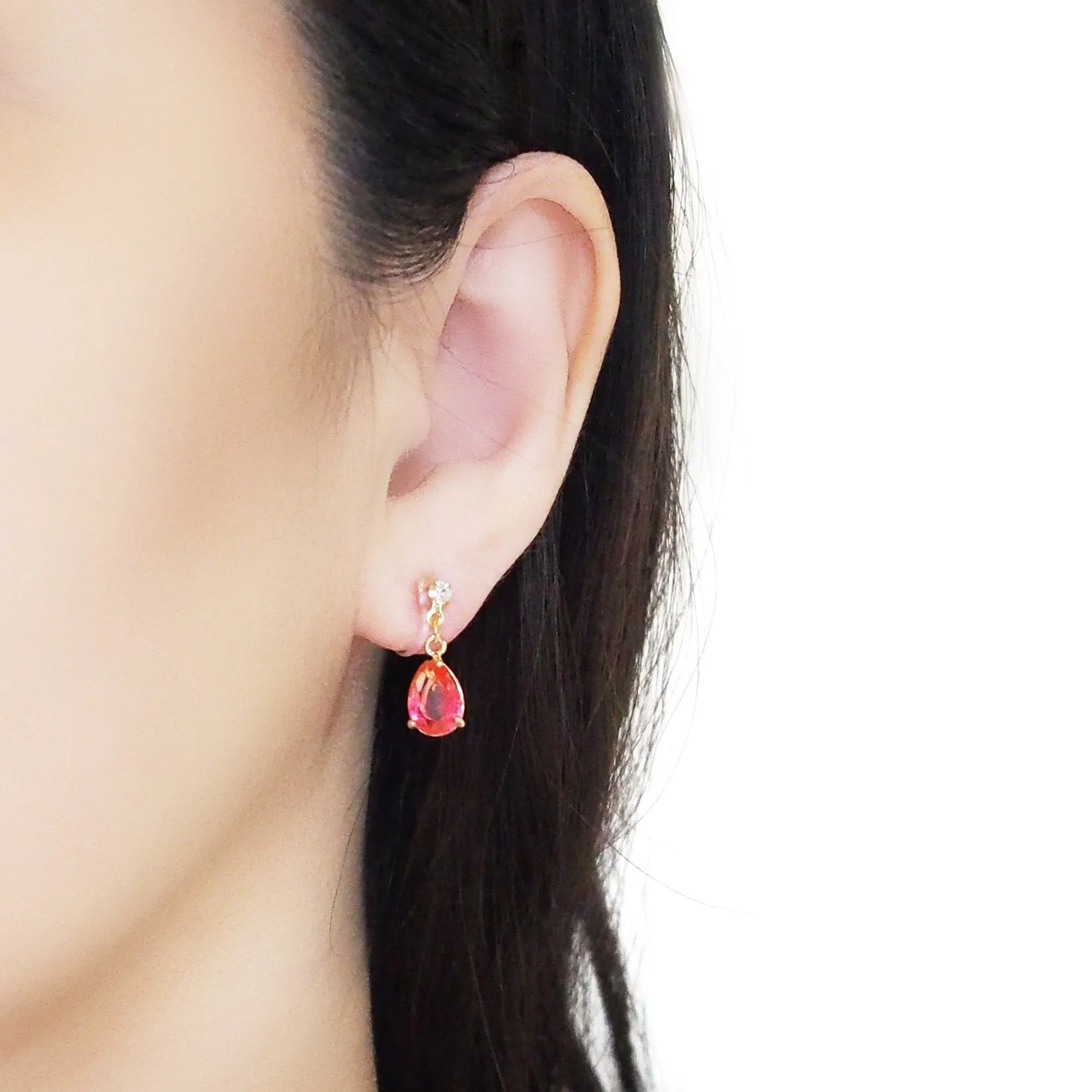 Fuschia Pink Teardrop Crystal Invisible Clip On Earrings