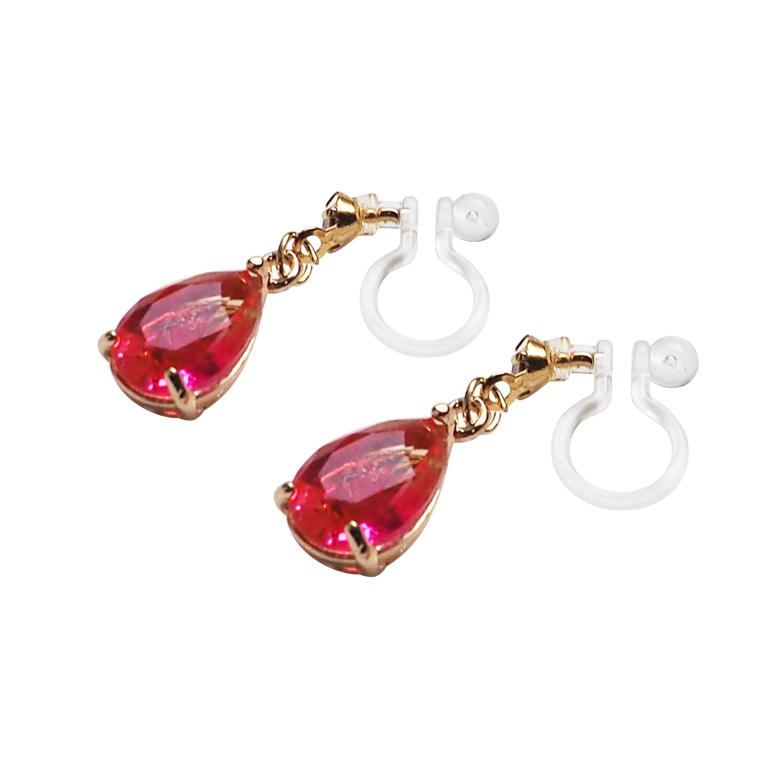 Fuschia Pink Teardrop Crystal Invisible Clip On Earrings