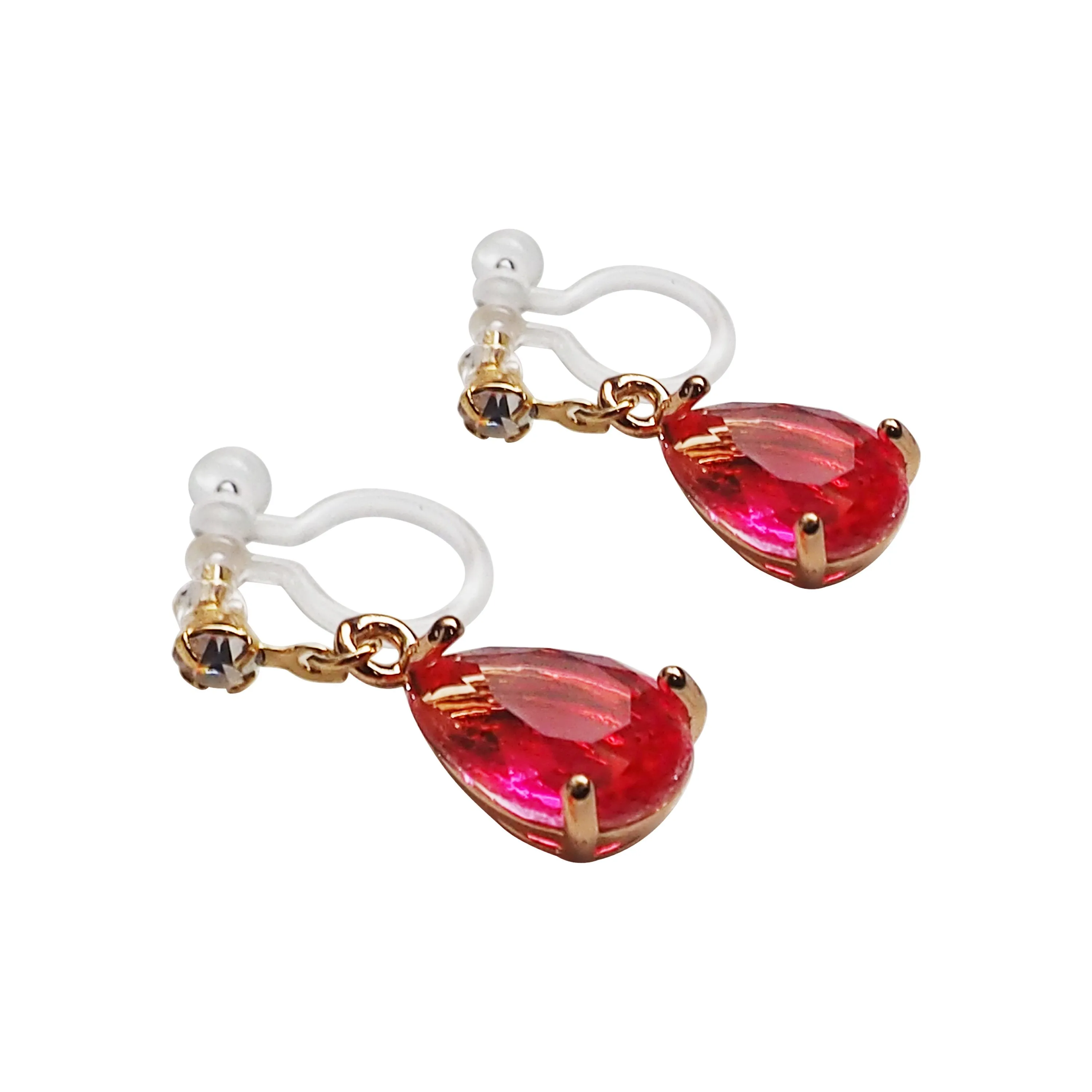 Fuschia Pink Teardrop Crystal Invisible Clip On Earrings