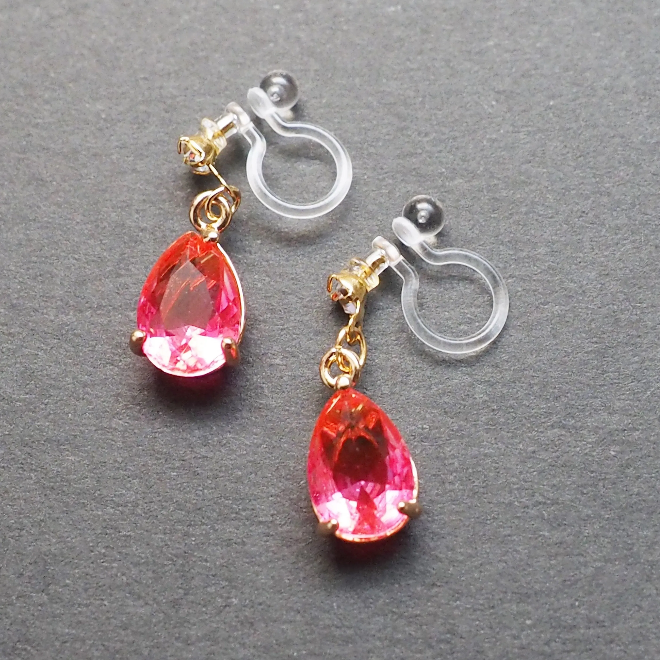 Fuschia Pink Teardrop Crystal Invisible Clip On Earrings