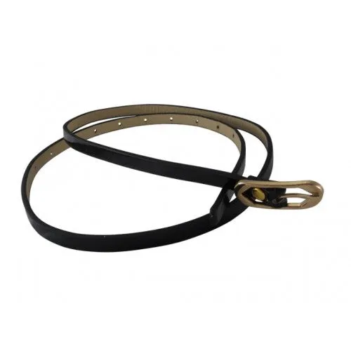 Glossy Black Skinny Belt with Gold Oblong Buckle- Imitation Leather