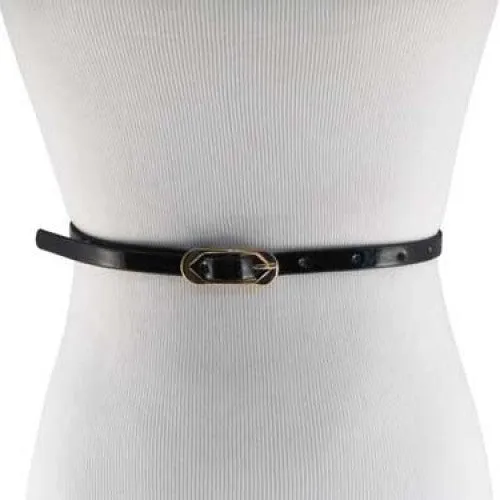 Glossy Black Skinny Belt with Gold Oblong Buckle- Imitation Leather