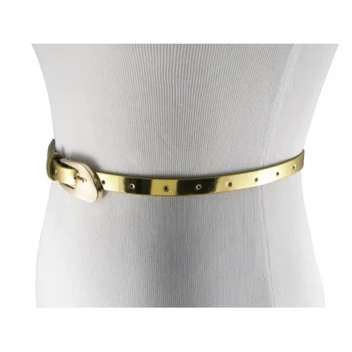 Glossy Gold Skinny Belt with Oblique Brass Buckle