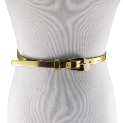 Glossy Gold Skinny Belt with Oblique Brass Buckle