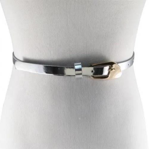 Glossy Silver Skinny Belt with Oblique Brass Buckle