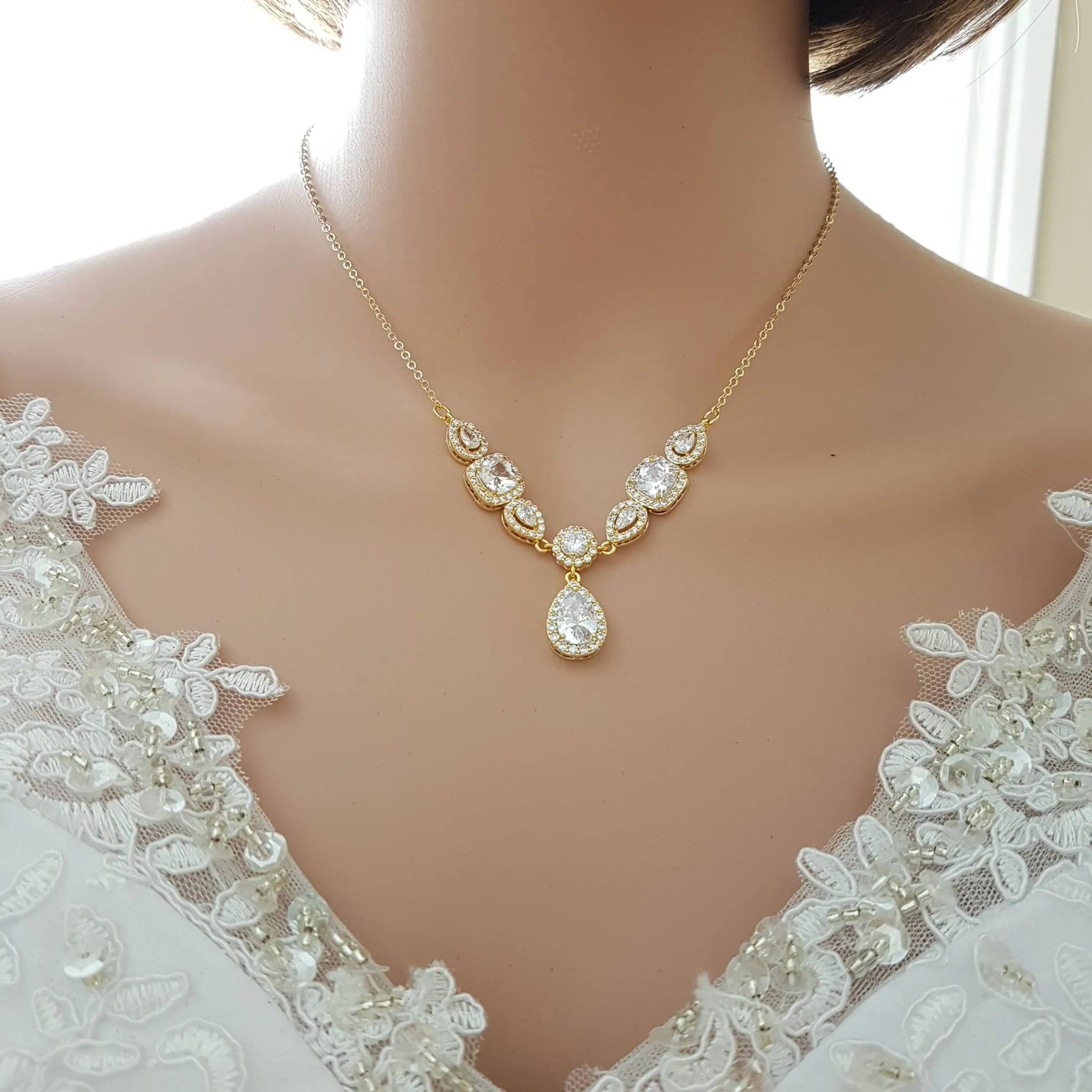 Gold and Cubic Zirconia Back Necklace for Low Back Dresses-Gianna