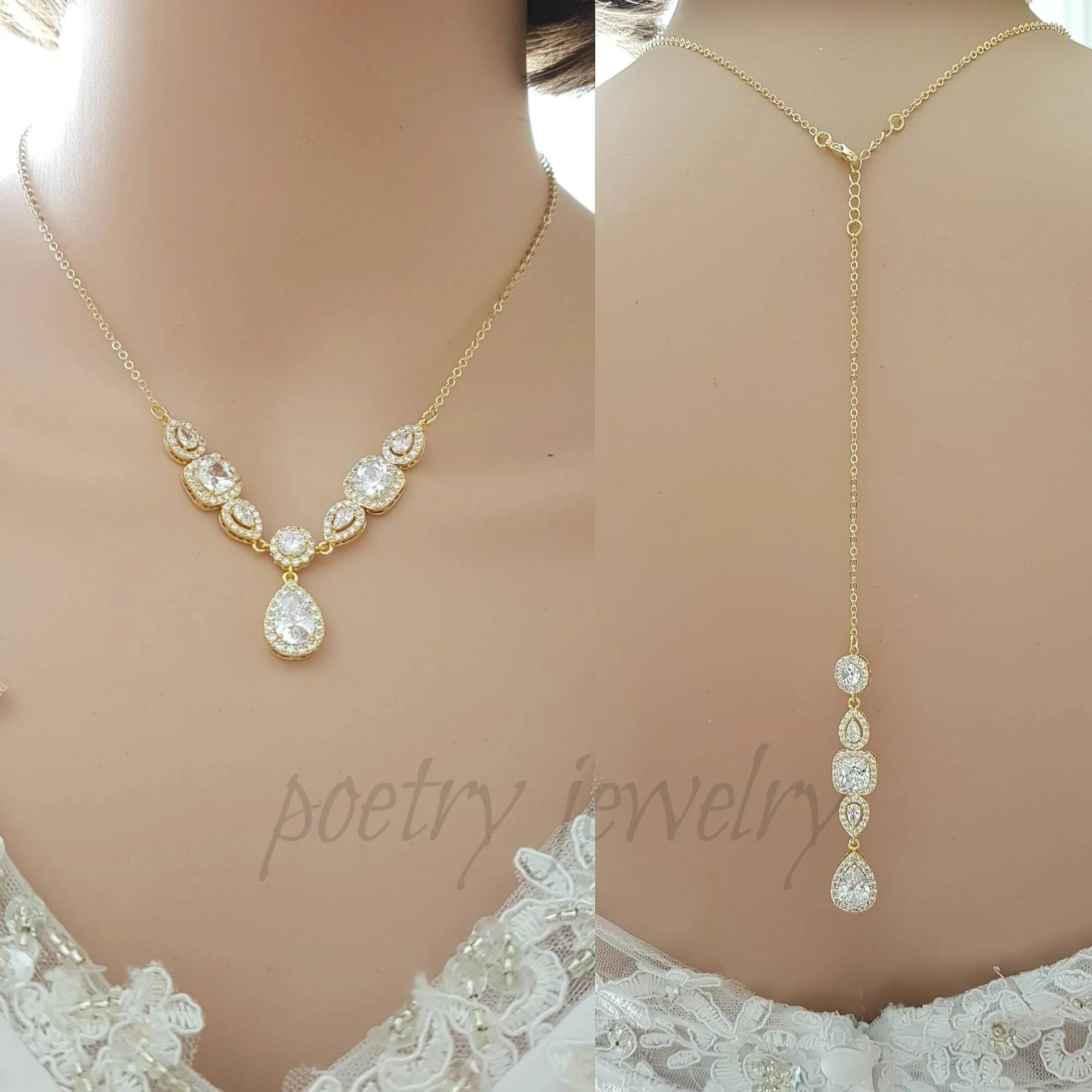 Gold and Cubic Zirconia Back Necklace for Low Back Dresses-Gianna