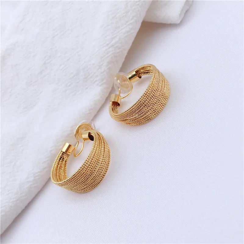 Gold Big Mesh Spiral Clip Hoop On Earrings