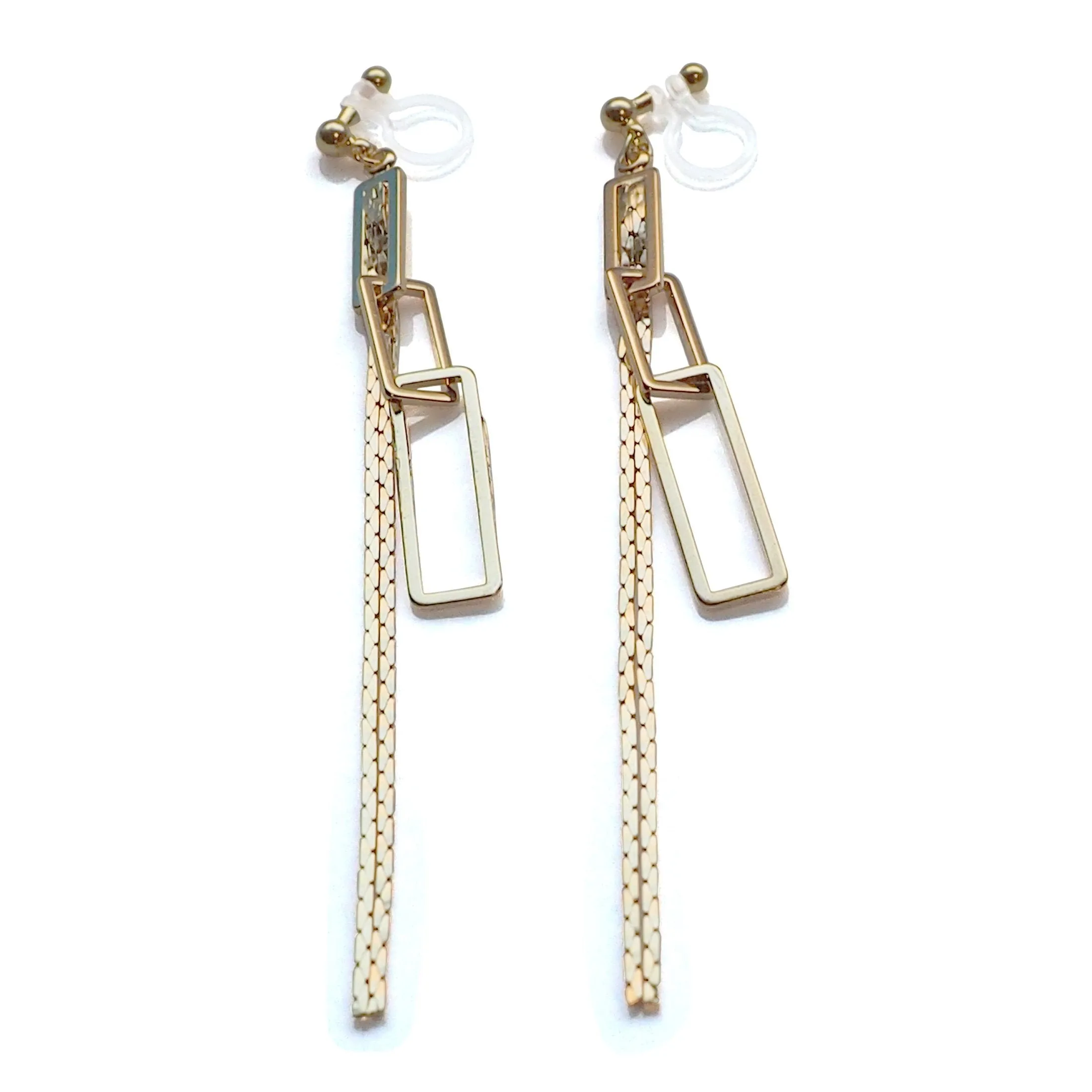 Gold chain and rectangular motif invisible clip on earrings