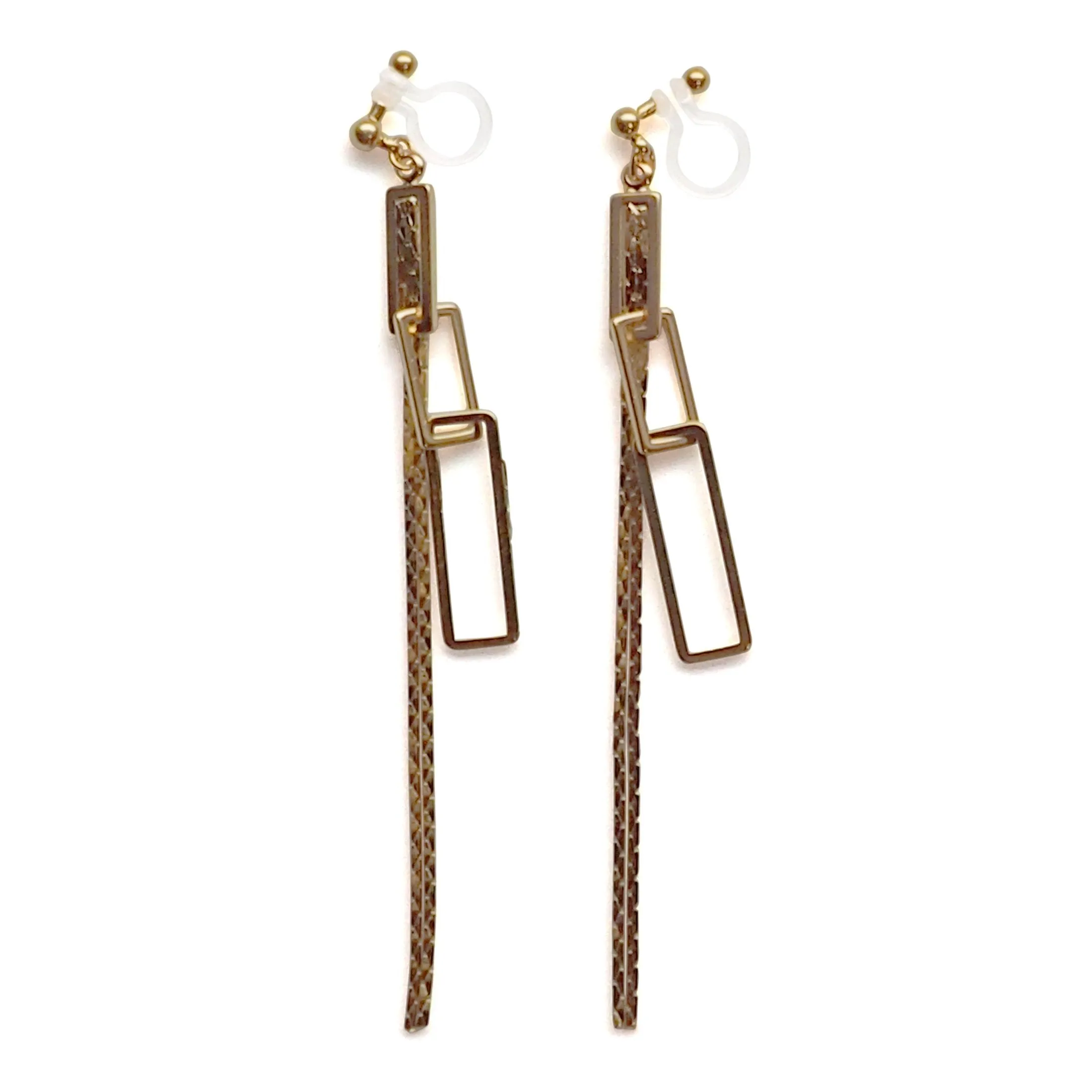 Gold chain and rectangular motif invisible clip on earrings