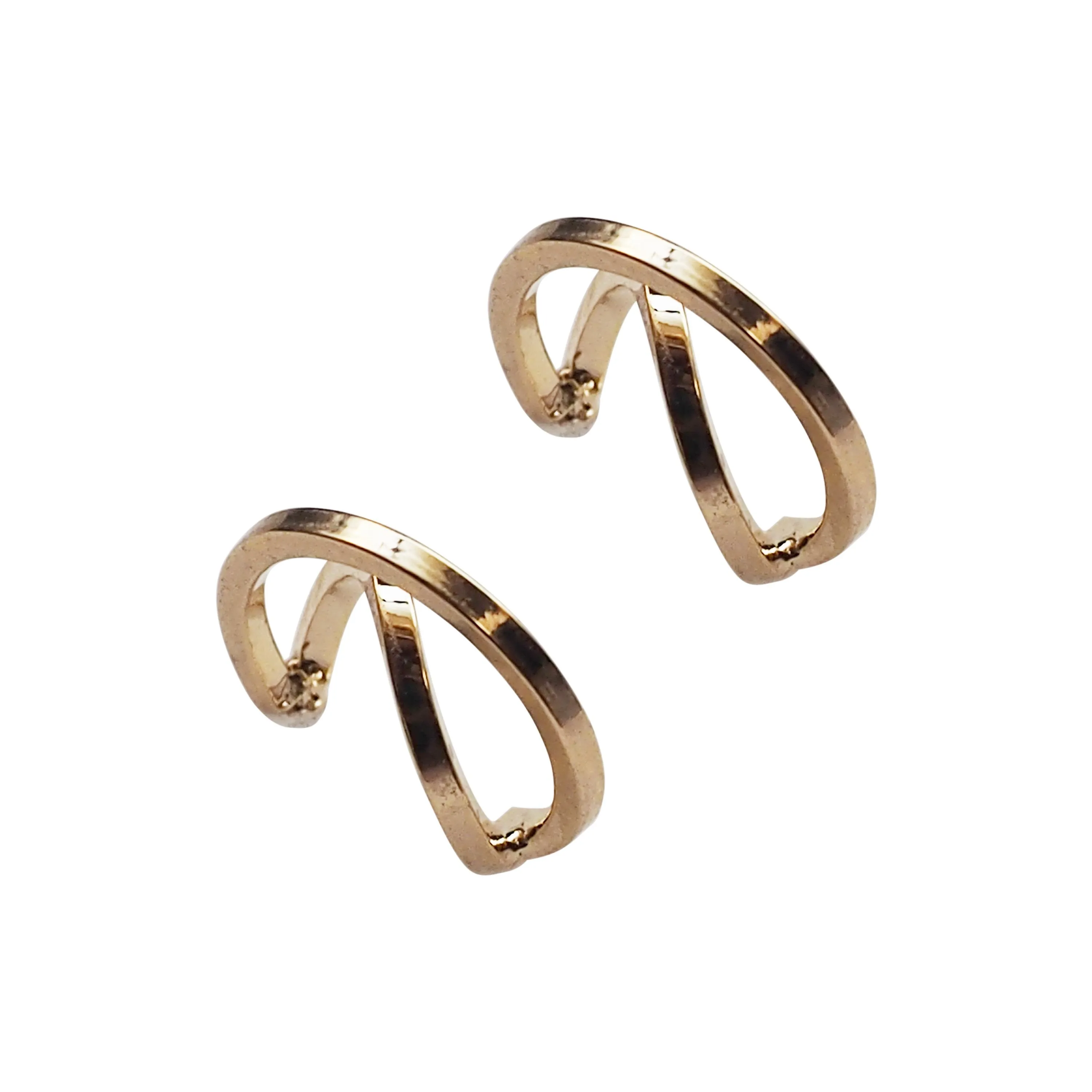 Gold Huggie Crossed Invisible Clip On Hoop Earrings