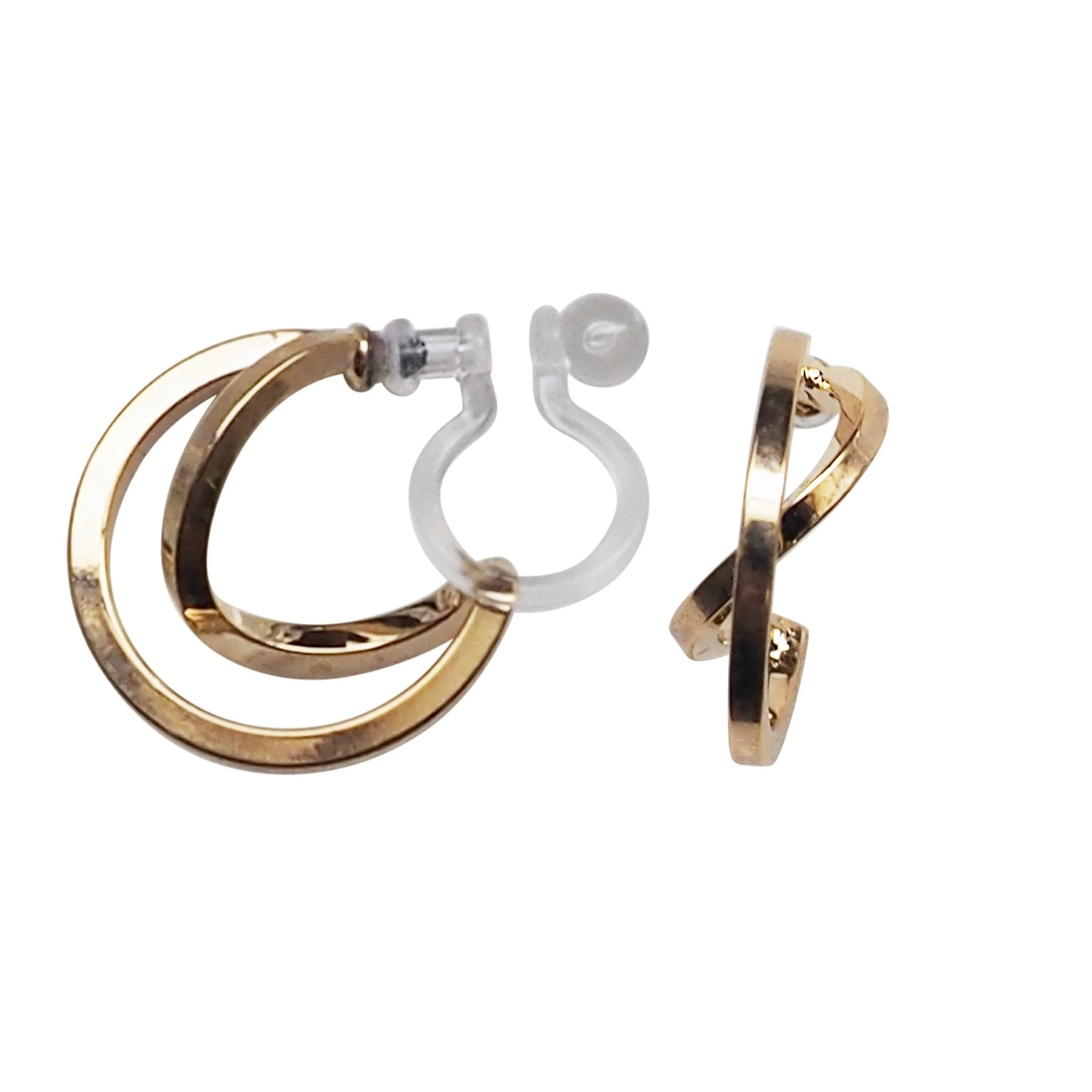 Gold Huggie Crossed Invisible Clip On Hoop Earrings