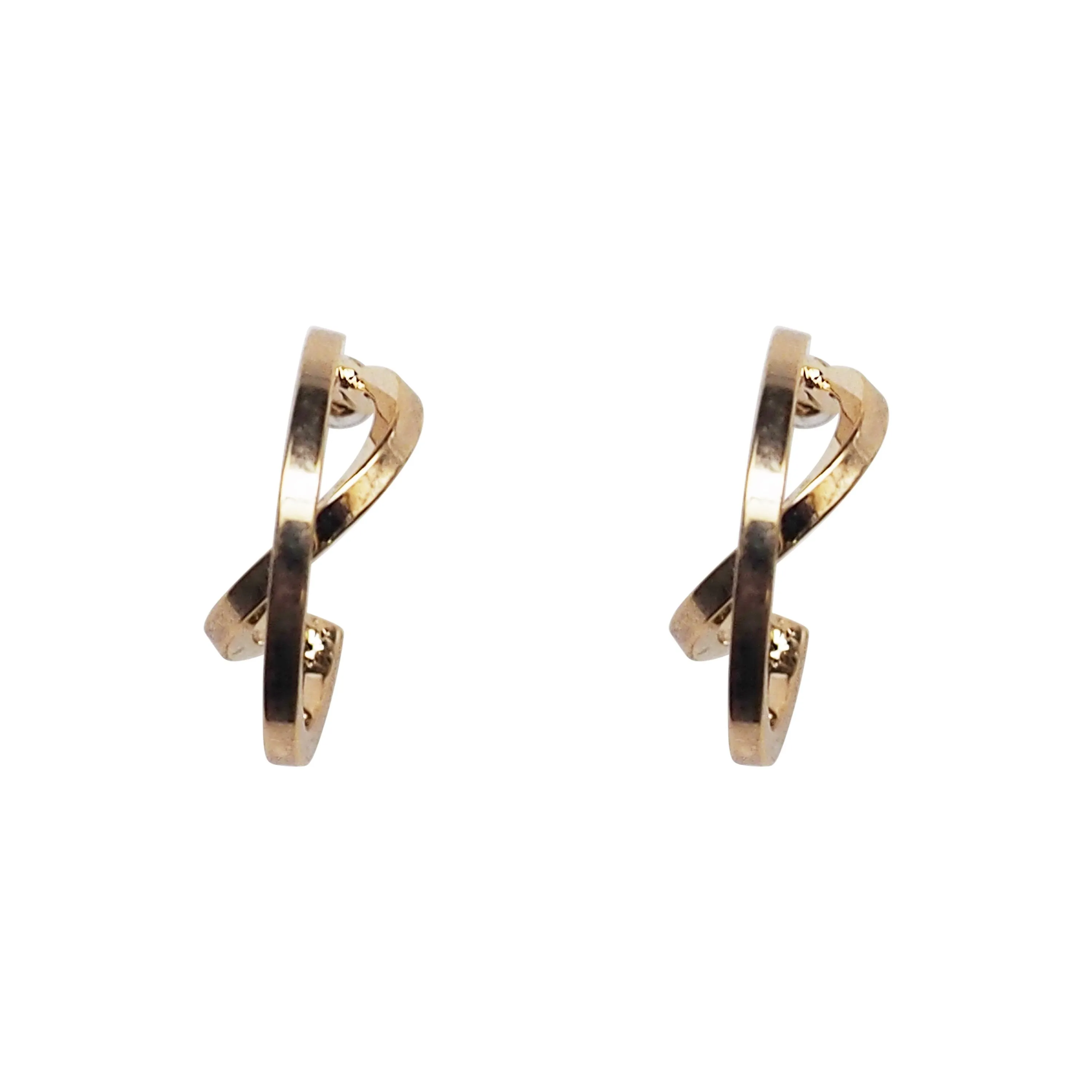 Gold Huggie Crossed Invisible Clip On Hoop Earrings