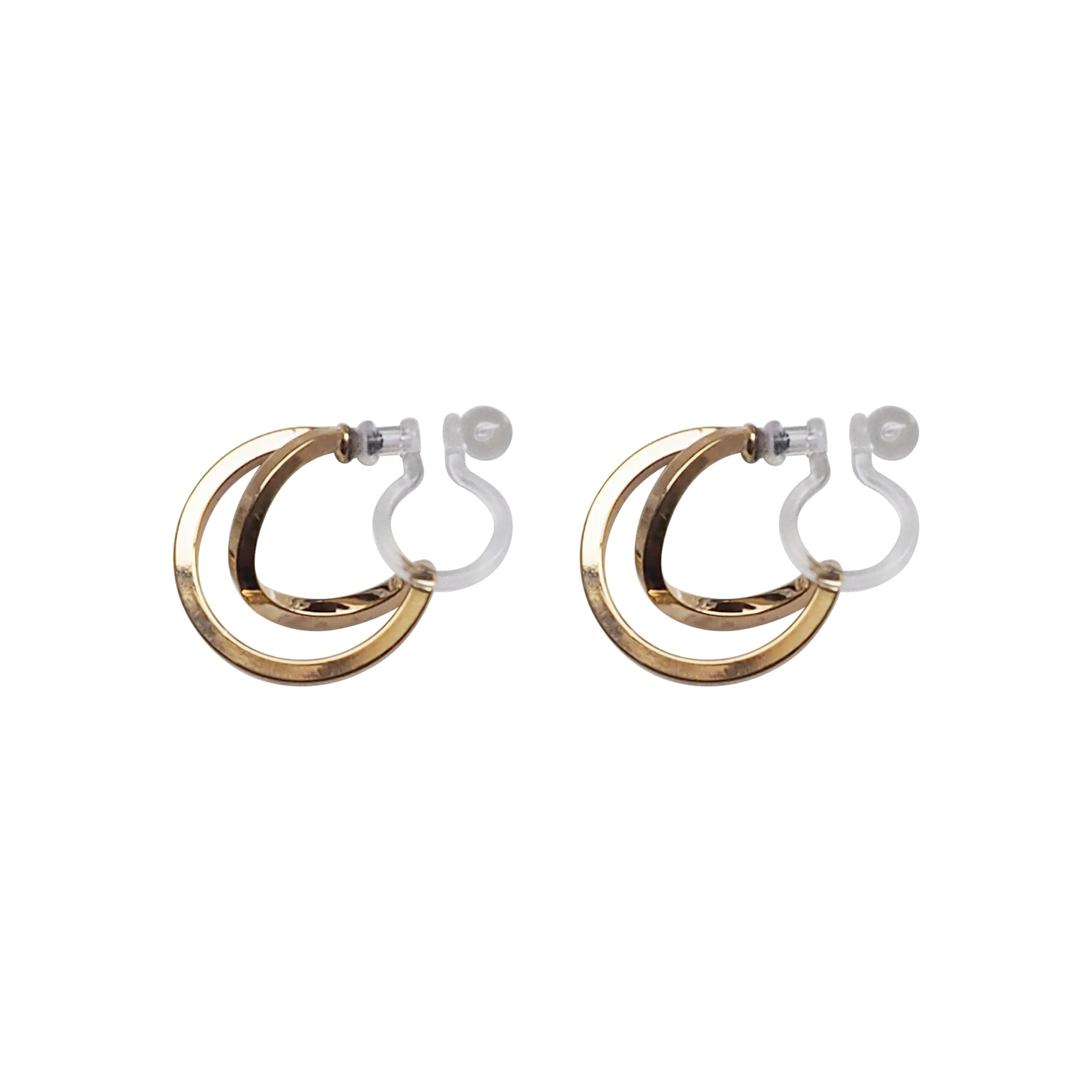 Gold Huggie Crossed Invisible Clip On Hoop Earrings